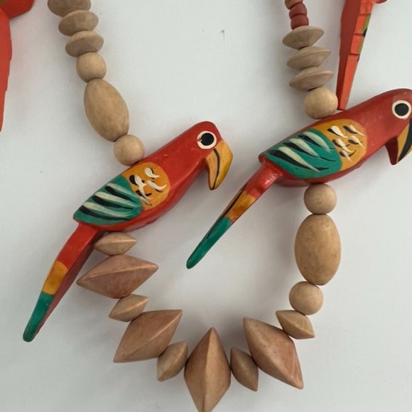 Vintage MSM MOD Beaded Wooden Parrot Necklace and Earrings - Picture 2 of 10
